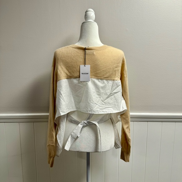 NEW NAADAM Cashmere Mixed Media Tie Back Pullover Sweater Shell Tan Small NWT - Picture 10 of 10